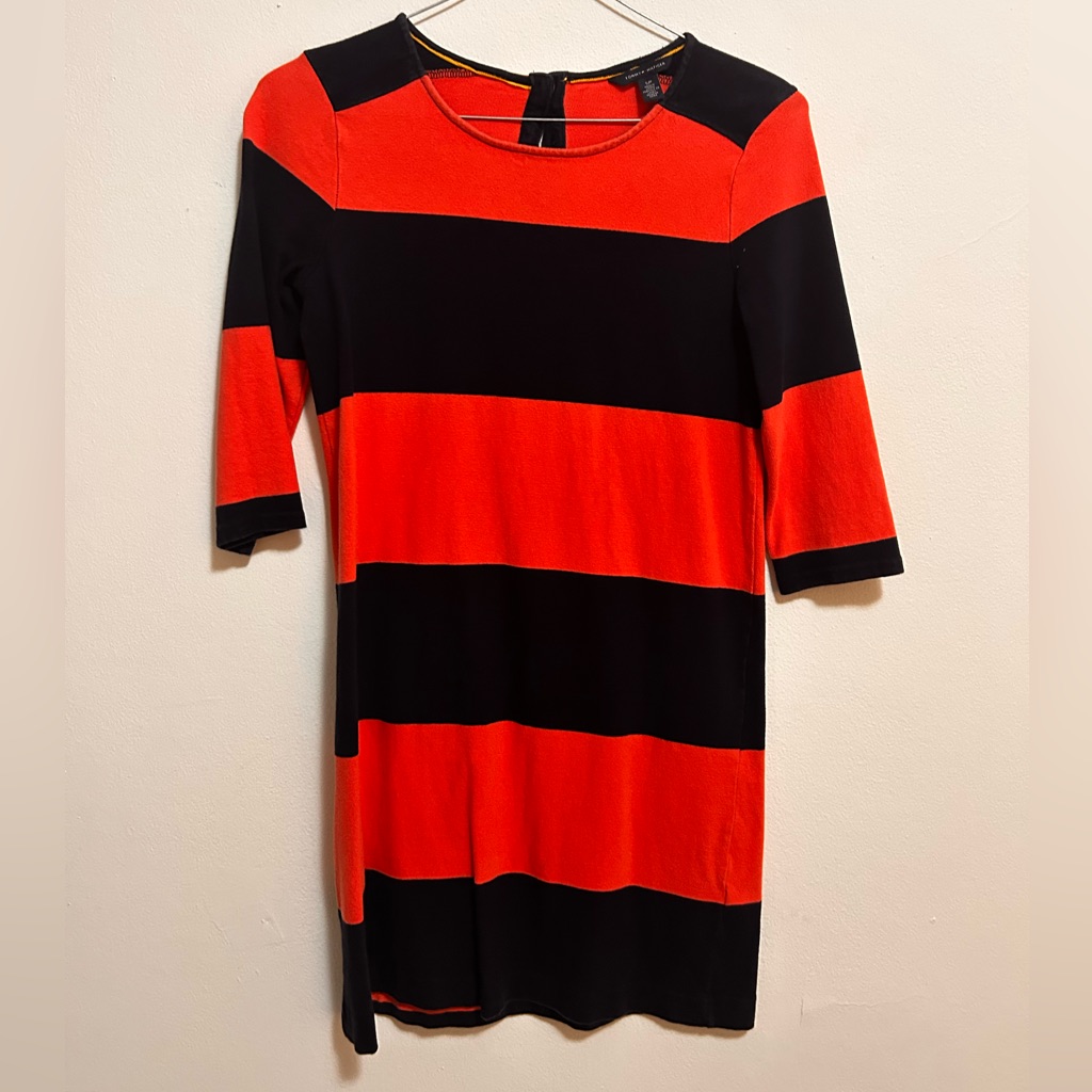 Tommy Hilfiger Orange And Dark Blue Striped 3/4 Sleeve Dress